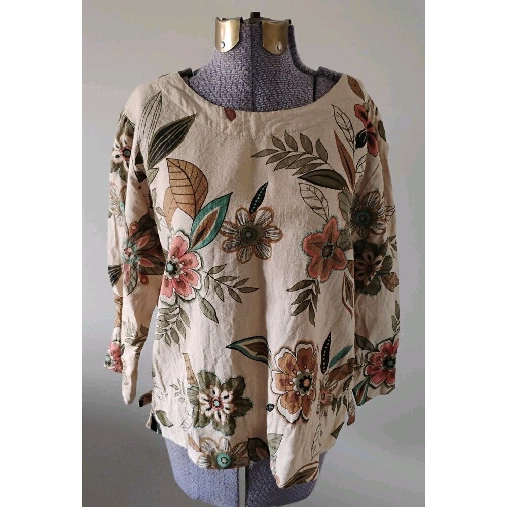 Vtg Hot Cotton By Marc Ware Linen Blouse Women M Colorful Floral LS Lagenlook